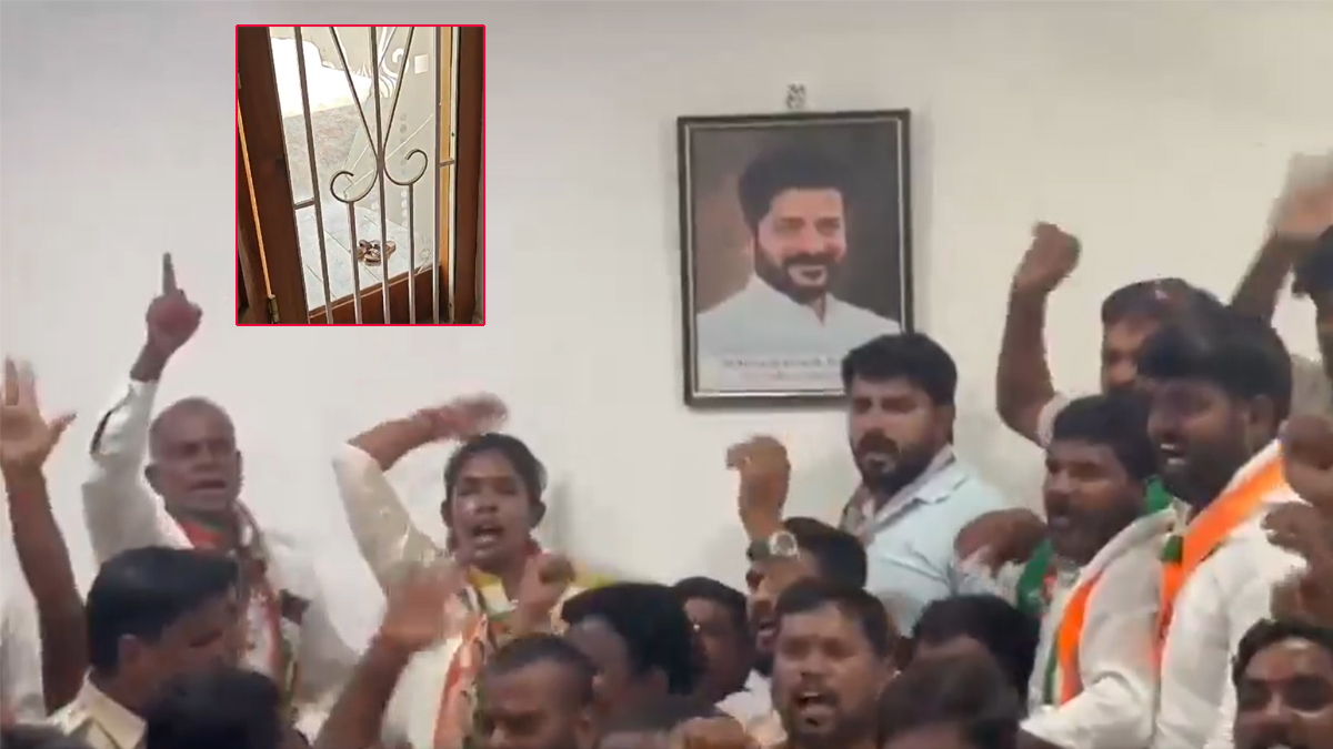 కాంగ్రెస్ నేతల‌ ఓవ‌రాక్ష‌న్‌.. కేసీఆర్ క్యాంపు ఆఫీసులో రేవంత్ ఫొటో